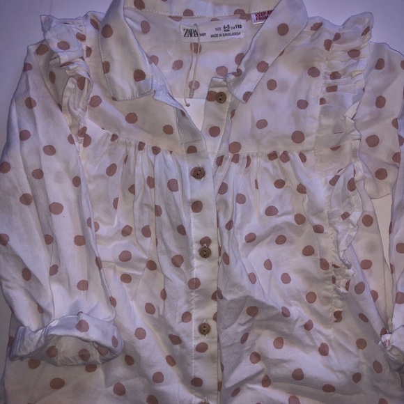 ZARA Ruffle Pink Polka Dot Long Sleeve Shirt - Picture 4 of 5